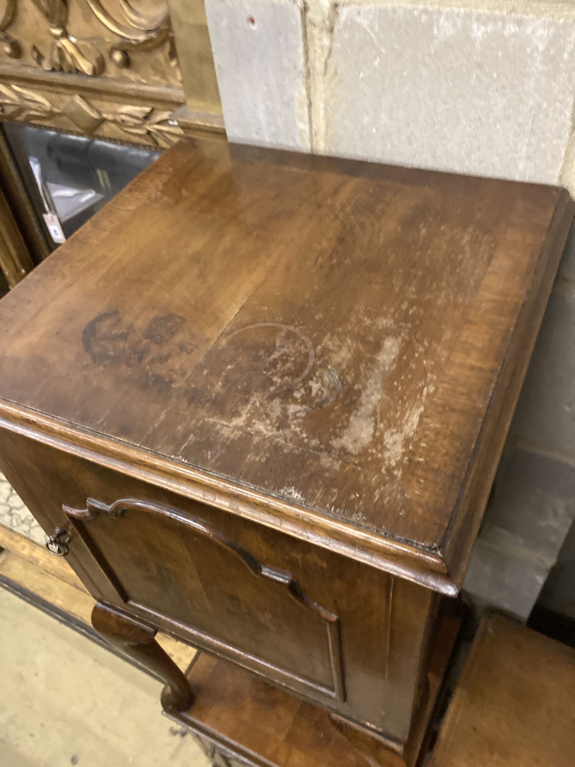 A late Victorian walnut bedside cabinet, width 40cm depth 36cm height 73cm, together with a pair of Queen Anne Revival walnut bedside c